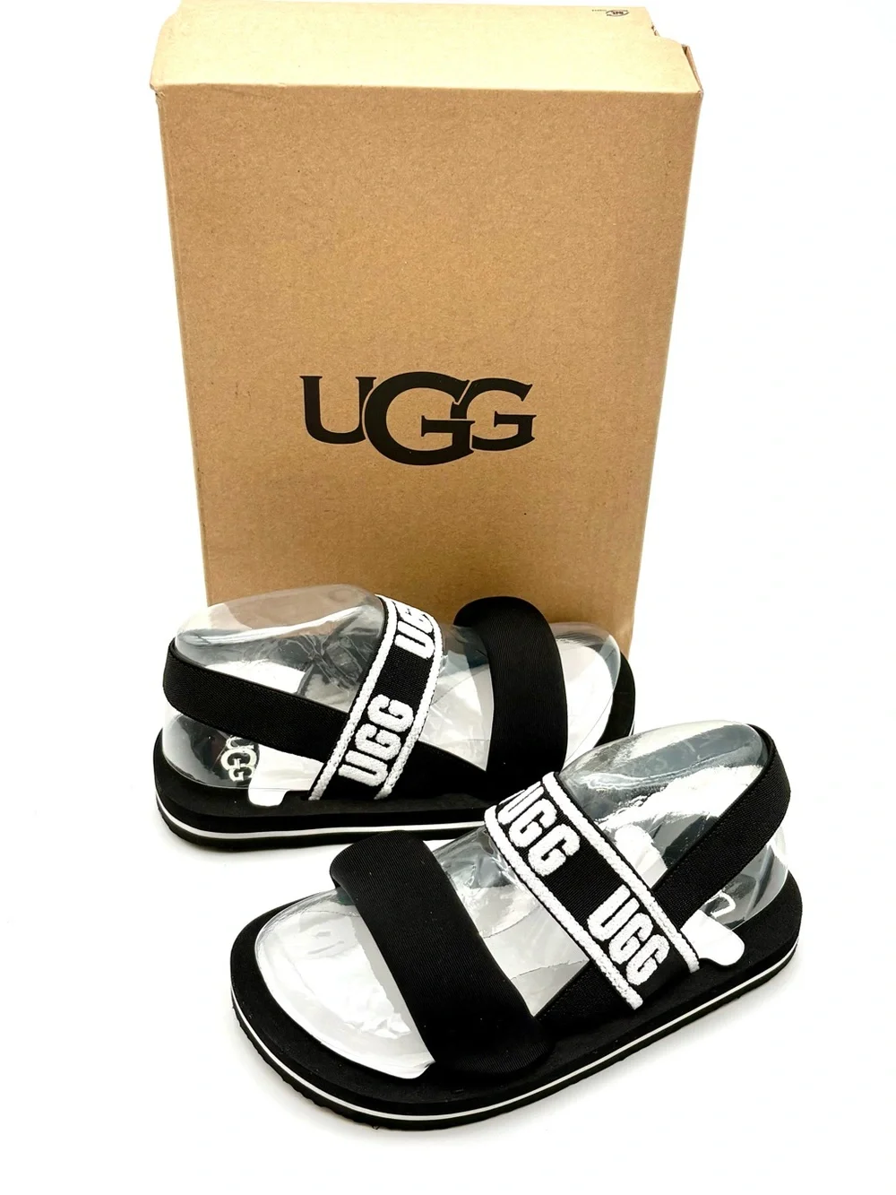 NIB UGG Kids ZUMA Sling Sandals Black & White Logo Elastic Back Strap Size 9